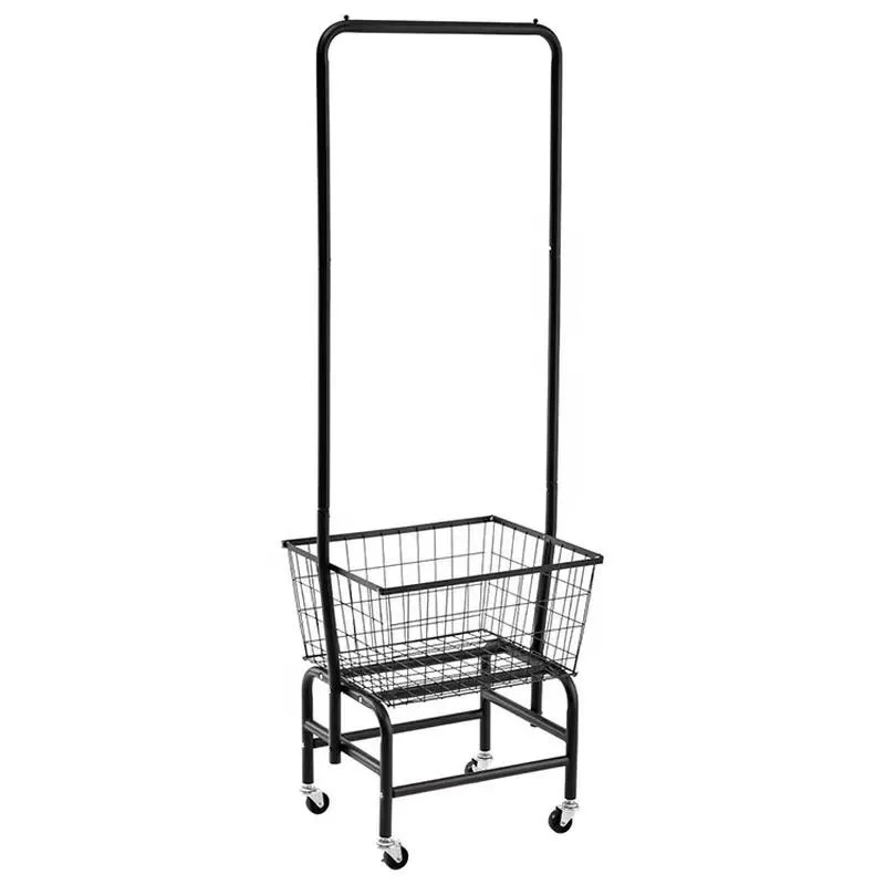 Black Metal Standing Hanger Corded Storage Rack Wheeled Iron Laundry Cart for Family Bedroom Wardrobes