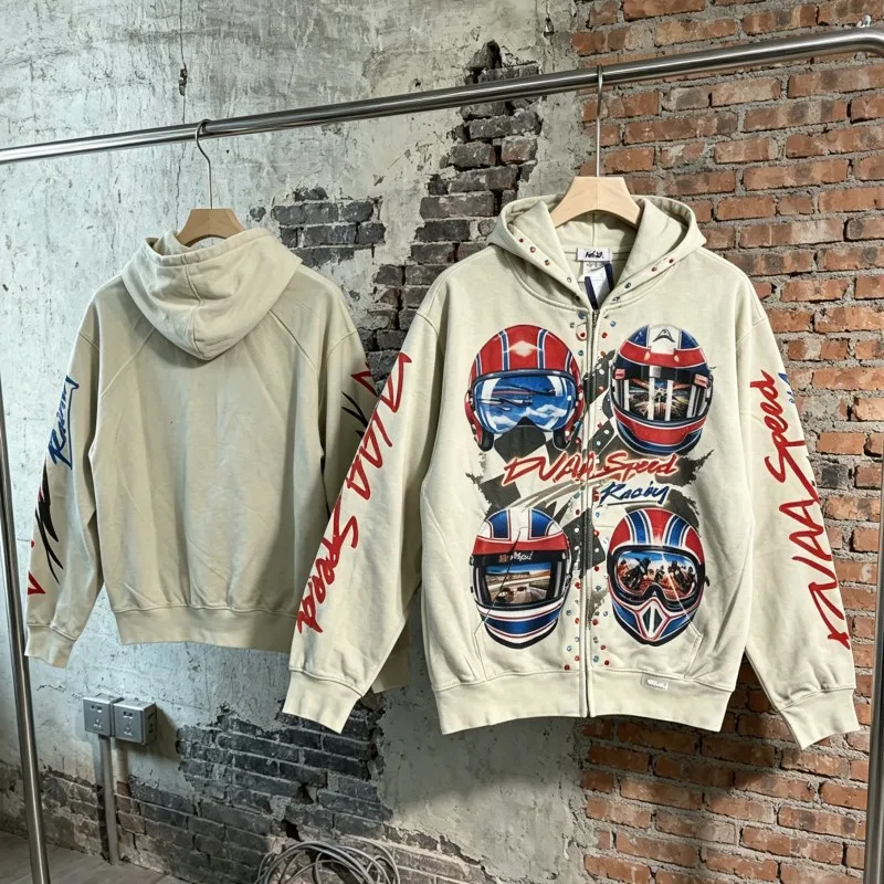 Beige Colorful Rhinestone Duaa Jacket Vintage Distressed Washed Worn Racing Helmet Zipper Hoody Oversize Men Women Street Outfit