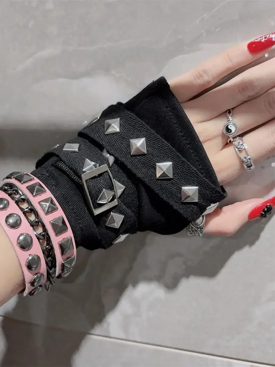 Gothic Harajuku Punk Black Glove Women Half Finger Length Sleeve Hip Hop Metal Pin Punk Rivet Cosplay Streetwear Hot Girl Y2k