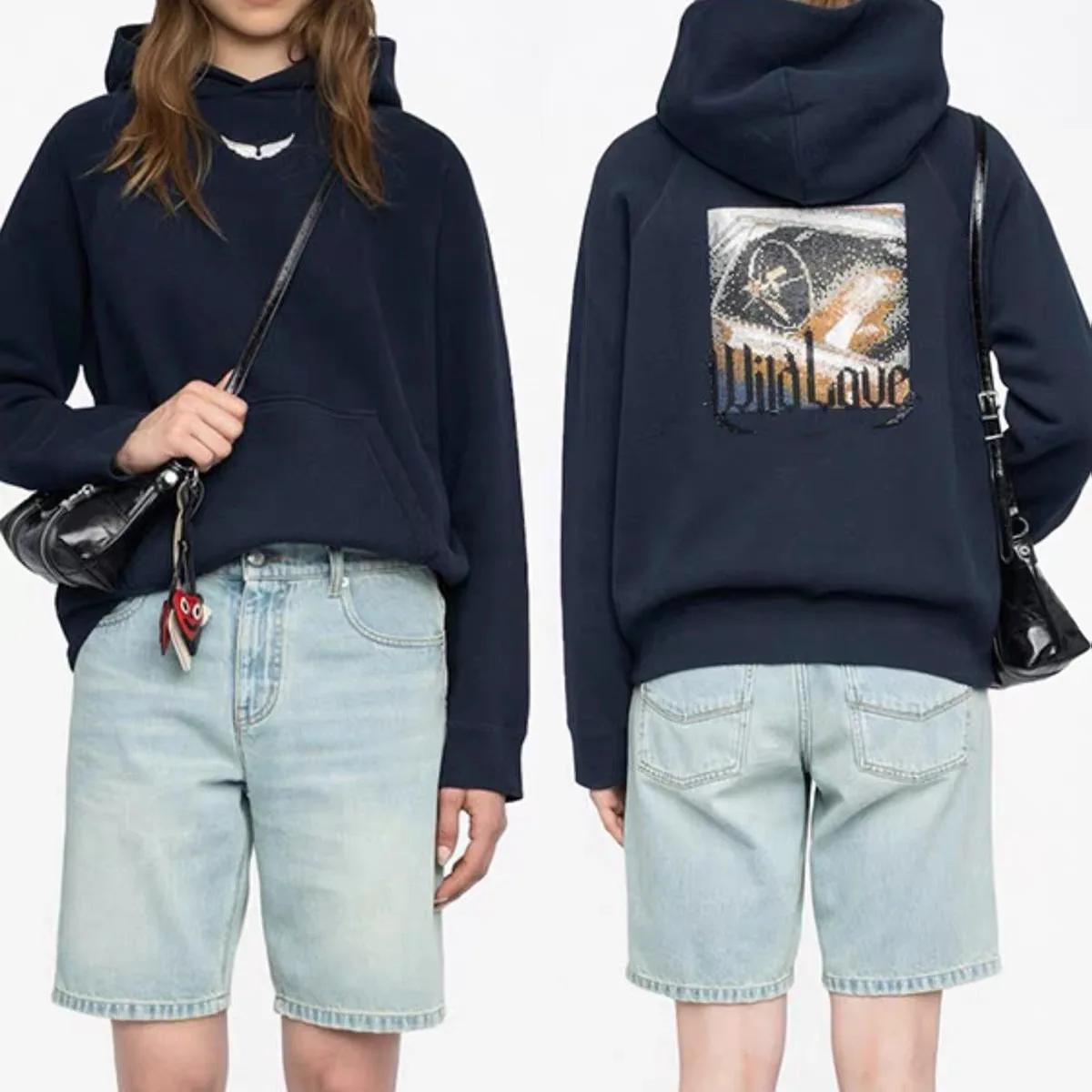 Sudaderas con capucha de lana con diamantes de imitación en la espalda para mujer a la moda, sudadera holgada con capucha para Otoño e Invierno 2025