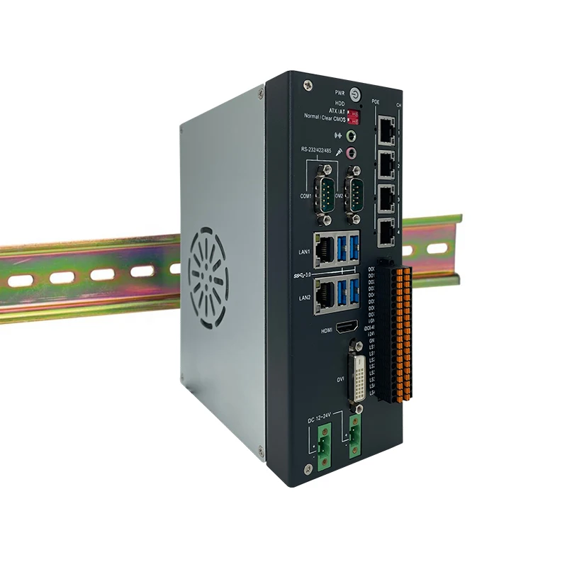 Din Rail Fanless Embedded IPC  industrial computer   Support  Intel  LGA 1151 6 / 7 / 8 / 9th CPU   12V/24V 6LAN 2COM GPIO 1*PCI