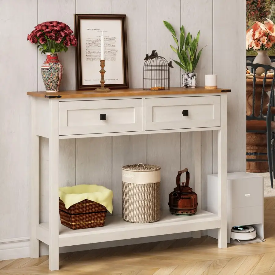 

Farmhouse Console Table with 2 Drawer for Entryway Rustic Sofa Table with Open Storage Shelf Hallway Table with Wooden Frame fo