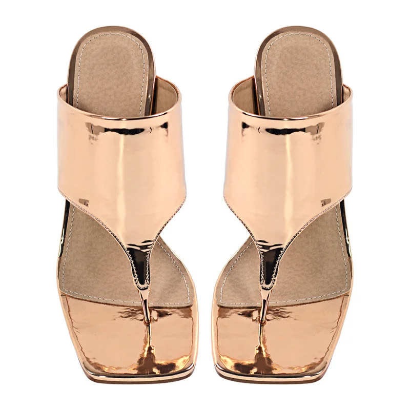 Onlymaker Women  Square Toe Metal Heel Slip On Summer  Gold Sandals