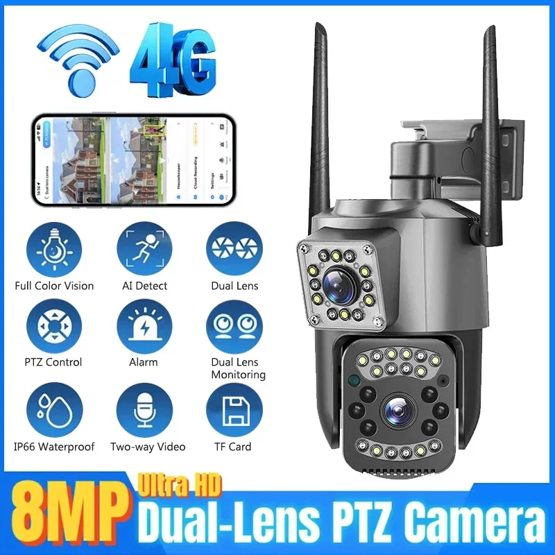 4K 8MP WIFI IP Camera HD PTZ Dual Lens CCTV Surveillance 4G Cameras Night Vision Automatic Human Tracking Outdoor Waterproof Cam