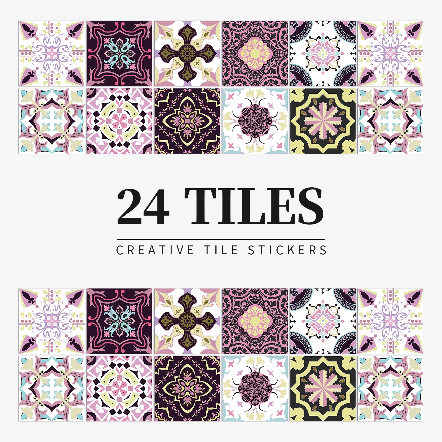 24 pcs/pack, Waterproof and Oil-proof, Easy To Clean, Neoclassical Color Pattern Self-adhesive PVC Tile Stickers