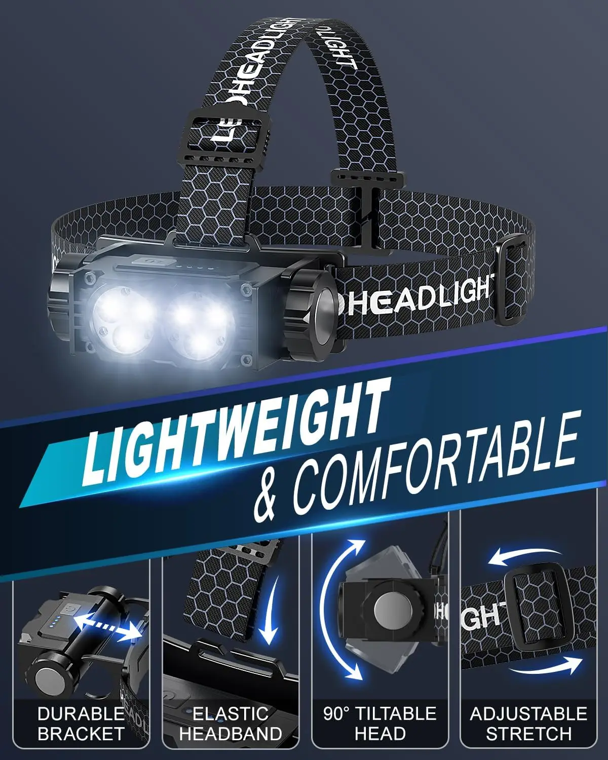 Latarka czołowa LED z możliwością ładowania, magnetyczna, z paskiem na głowę, do użytku na zewnątrz, do biegania, wędkowania, wodoodporna.