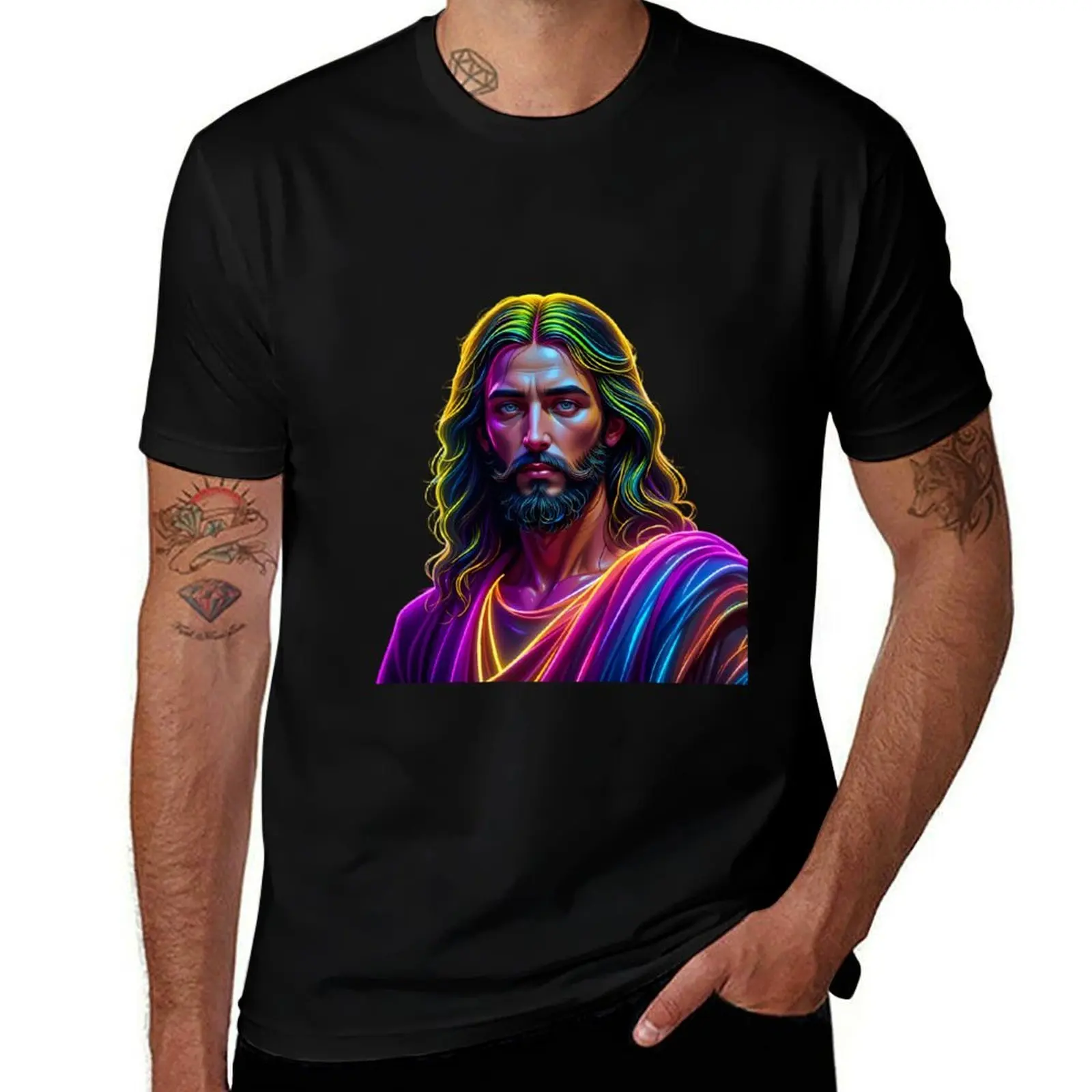 

God Symphony Neon Art Jesus Vibrant Digital Expressions T-Shirt graphic shirts summer 2025 heavyweight t shirts for men