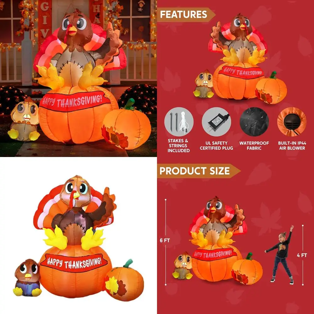 

Освещенная 6-футовая индейка на День Благодарения с тыквой, надувной осенний декор для семейных торжеств и выставки товаров во дворе на Хэллоуин