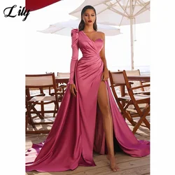 Lily Hot Pink Evening Dress One Shoulder Long Sleeves Prom Dress Sweetheart Satin Party Dress High Side Split Robe De Soirée