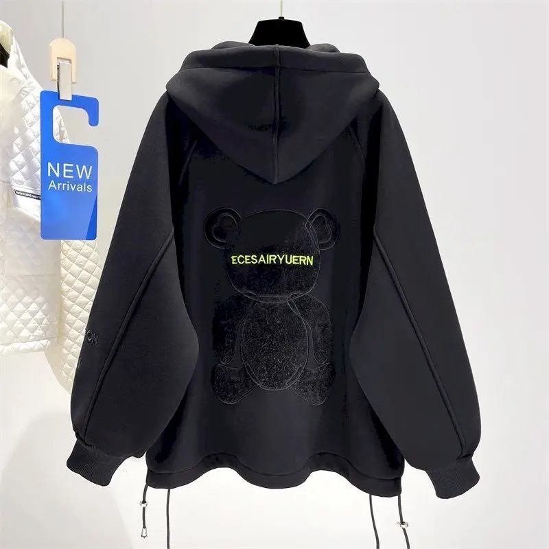 Oversized Hoodies Women Black Hooded Cardigan Jacket Fashion Design Plus Velvet Thick Hoodie Autumn Winter Trend Aesthetic Coat