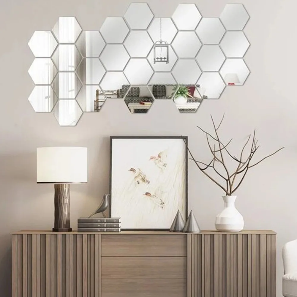 12pcs Acrylic Hexagon Mirror Wall Sticker with Protective Film Silver Acrylic Mirror Decal Hexagon 3.15×2.76×1.57in