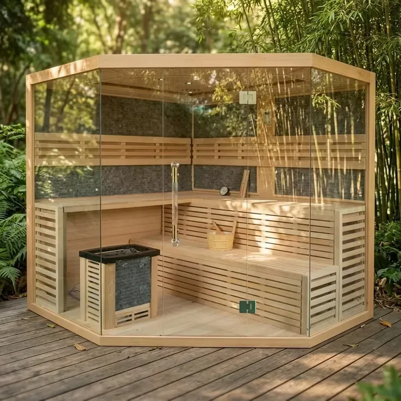 Luxury Indoor Solid Wood Rock Salt Steam Sauna Room with LED Star Light 4 Person Electric Control Home Corner 220V Relax