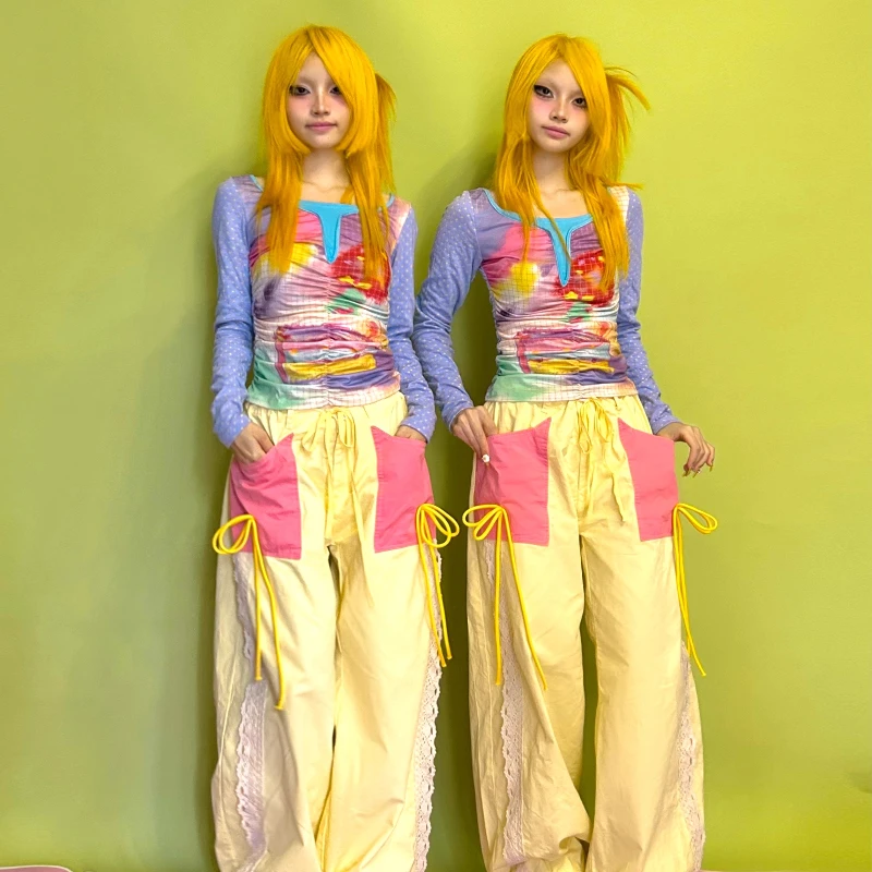 Original Design Sweet Yellow Lace Splicing Bowknot Women's Trousers Summer New Loose Slimming Versatile Wide-Leg Pants Ladies