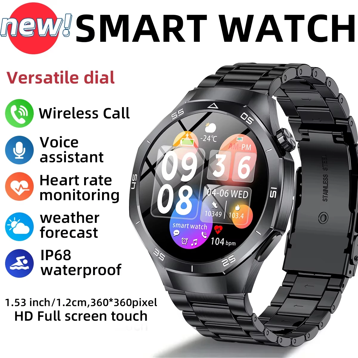 

2025 Новые военные спортивные водонепроницаемые умные часы для мужчин, 1,53 дюйма, HD-экран, монитор сердечного ритма, Bluetooth-вызов, фитнес-умные часы