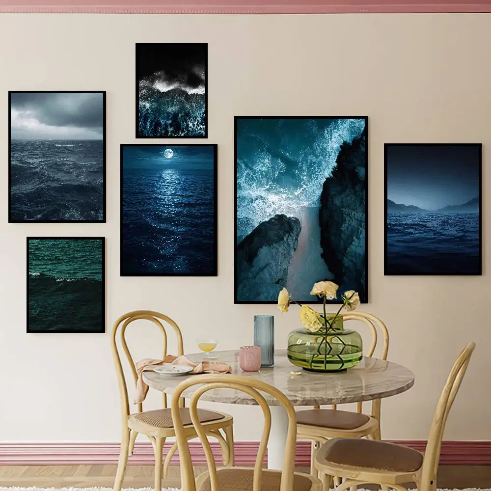 Dark Blue Ocean Wave Poster, Vintage Night Seascape Art Moody Sea Landscape Calm Stormy Ocean Scenery Home Wall Decor