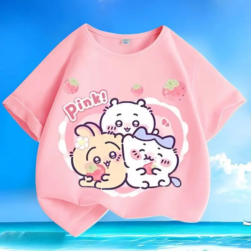 Kawaii Chiikawa Girls Short Sleeve Top Cotton Summer Tee Soft Breathable Skin-friendly Loose Fit Casual T-Shirt Daily Wear Gift