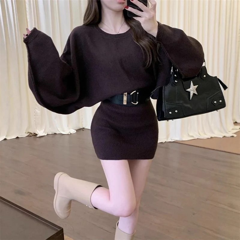 جديد الفرنسية Batwing كم فساتين صغيرة النساء خمر س الرقبة محبوك فساتين الخريف الخصر محرك سليم التفاف الورك فستان للمرأة #4