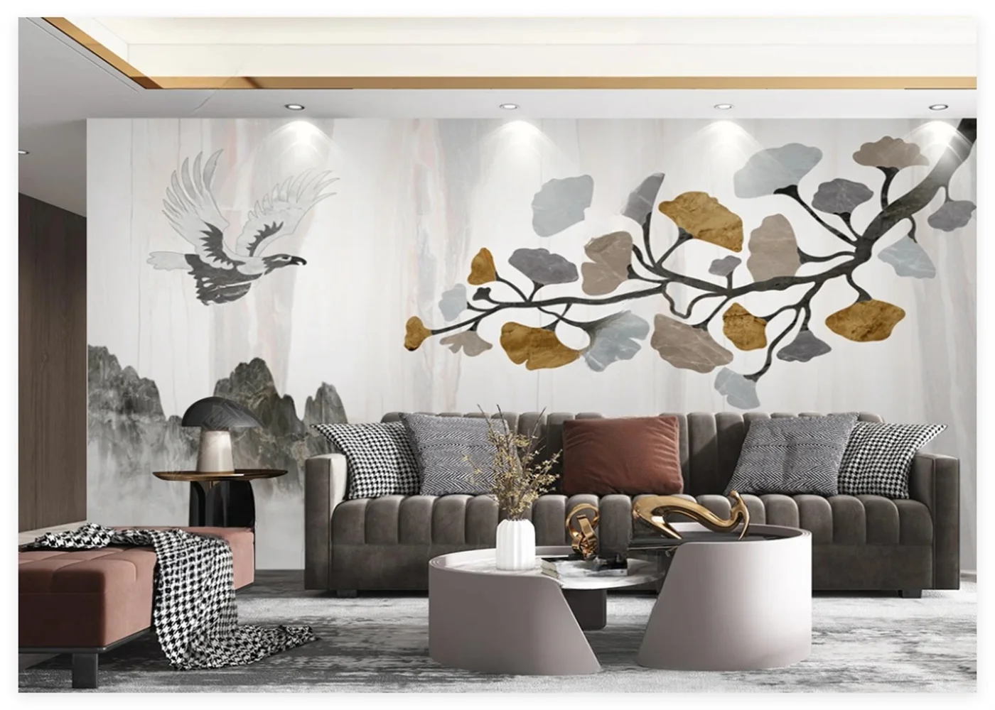 

Custom size mural gingko leaf branches eagle background marble pattern decorative painting living room bedroom 3d wallpaper