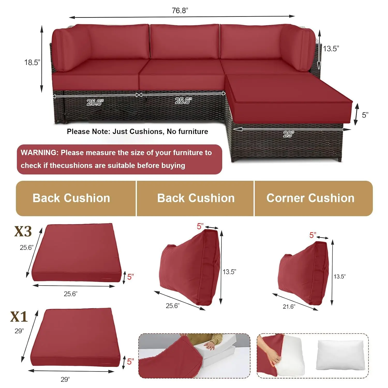 Outdoor Sectional Cushions 5in Thick 9 Piece Water-Resistant Replacement Set for 4-Seat L Shaped Wicker Patio Sofa, Customized