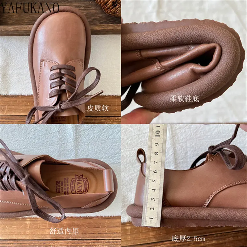 Retro Thick Bottom Genuine Leather Single Shoes 2024 New Literary Mori Girl Round Toe Lace-up Casual Shoes Handmade Flat Shoes