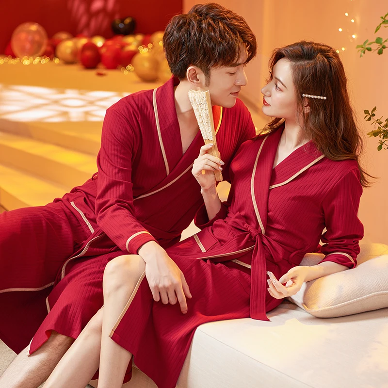 Spring Wedding Festive Red Men Kimono Bathrobe Couple V-Neck Robe Night Gown Sleepwear Women Cotton Yukata Big Yards M-XXXL