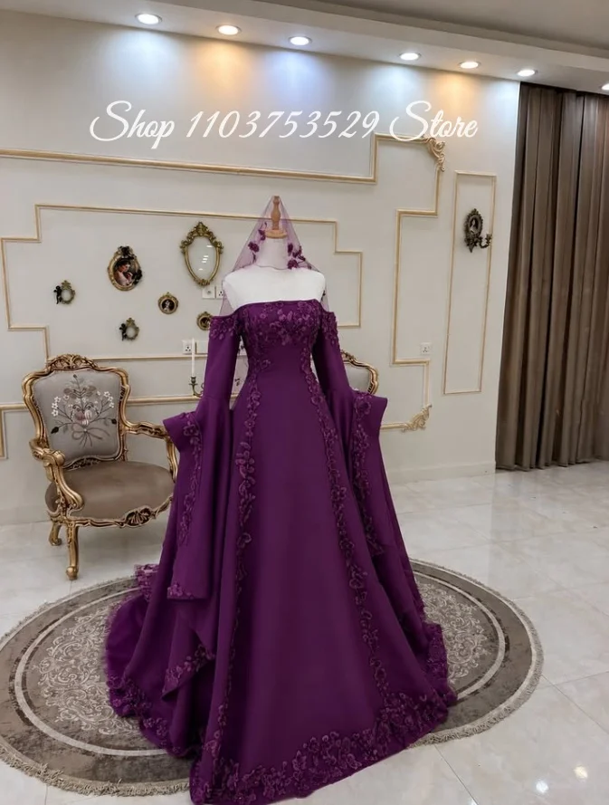 Customized Elegant Sophisticated Purple Off-Shoulder Wedding Dress Floral Long Shawl Arabic Bridal Gown Henna Night Engagement