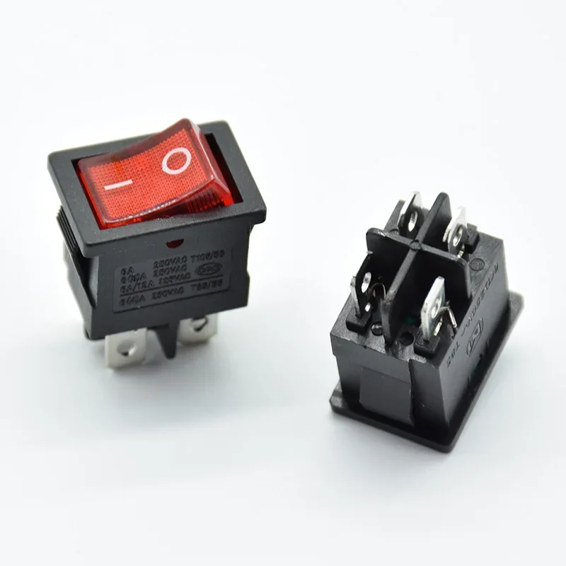 5PCS 21x15mm 6A 250V 125V Rocker power Switch With LED lights boat  Red 4 pin 2 terminal Hole size 13*19mm  KCD1-104