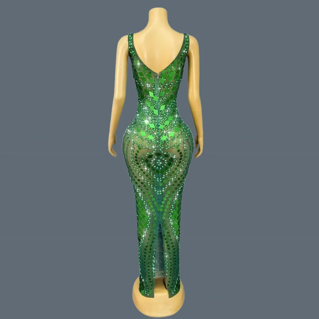 Verde tema festa alta costura ver através de malha brilhante strass espelhos com decote em v vestido de noite sexy bodycon vestido longo lvyijingpian