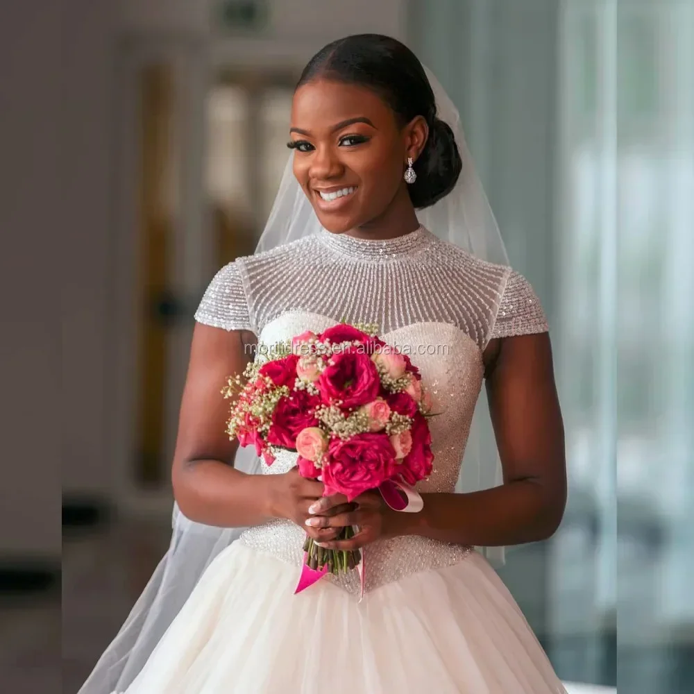 Customized Ball Gown High Collar Plus Big Size Customized Full Beaded Puffy African Short Sleeve Wedding Gowns 2024