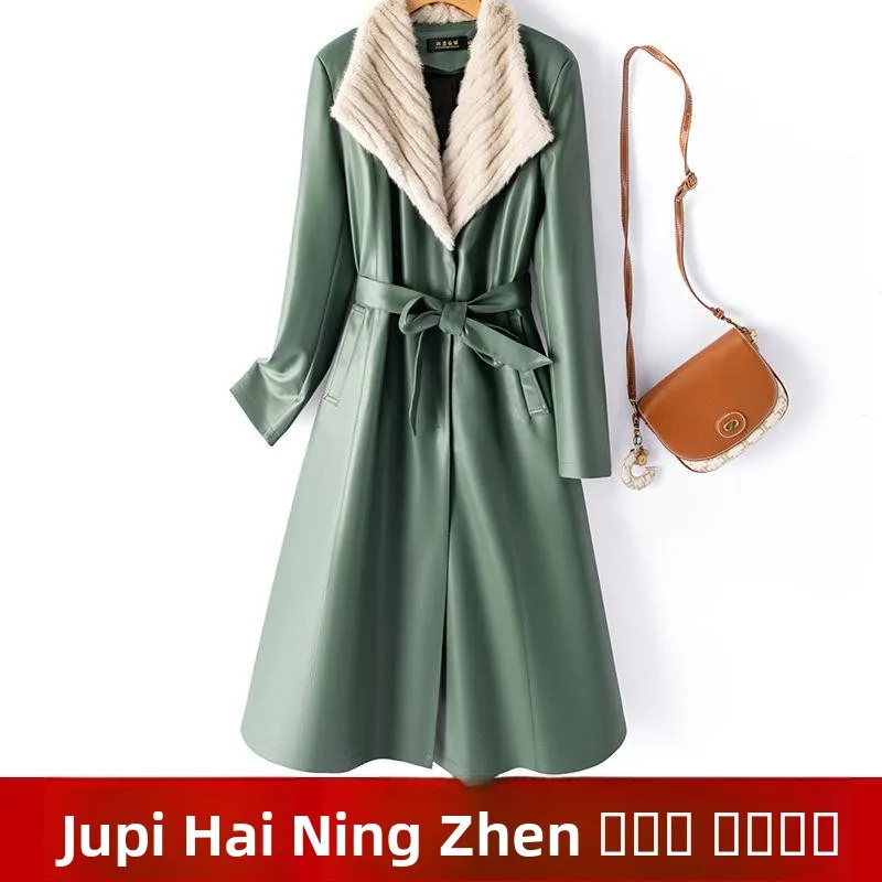 Winter New Sle Women's Slim Fit Long Du down Jaet Fur Collar Leather Coat Warmth against Cold Mid-Length Commute Sle