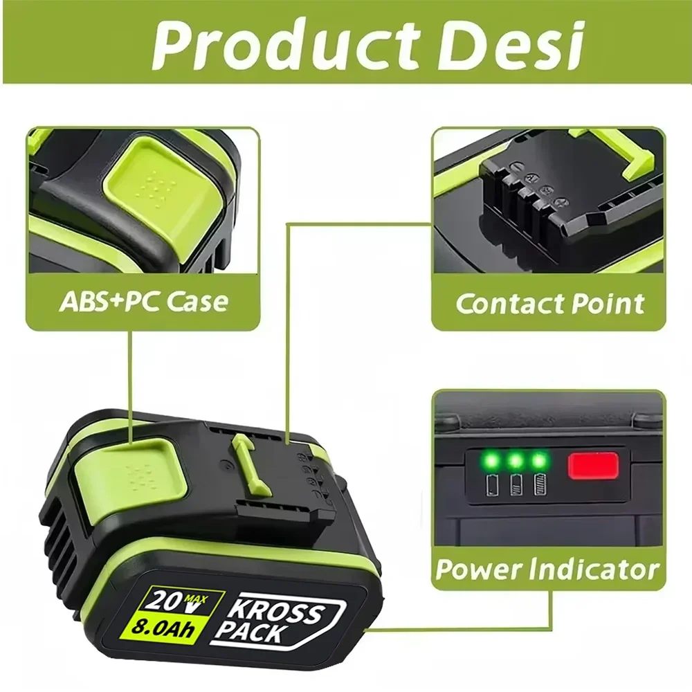 Pro 20V WORX Náhradní lithium-iontová baterie 6000/8000mAh pro WA3551 WA3551.1 WA3553 WA3641 WX373 Dobíjecí baterie pro nářadí - náhled 4