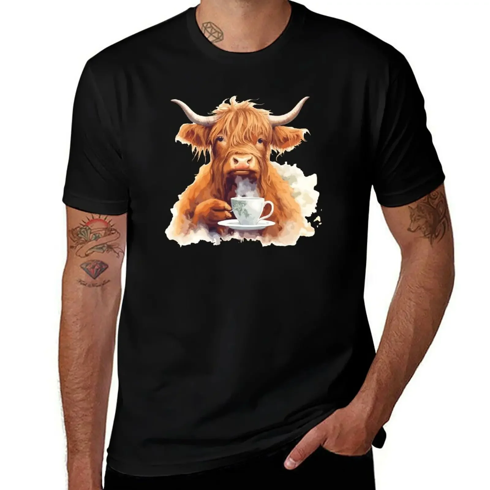 Highland cow drinking English tea T-Shirt basketball graphic tees tshirts personalised mens cotton t shirts