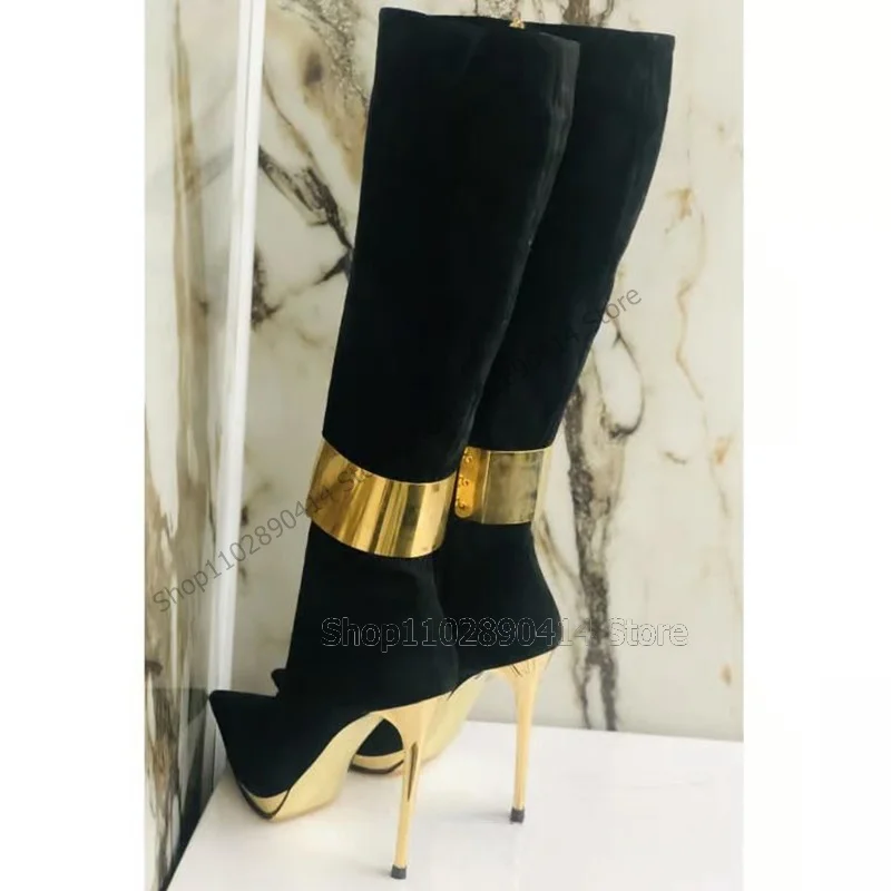 Gold Circle Decor Black Pointy Toe Metal Heel Boots Side Zipper Women Shoes Thin High Heels Sexy Runway 2023 Zapatos Para Mujere