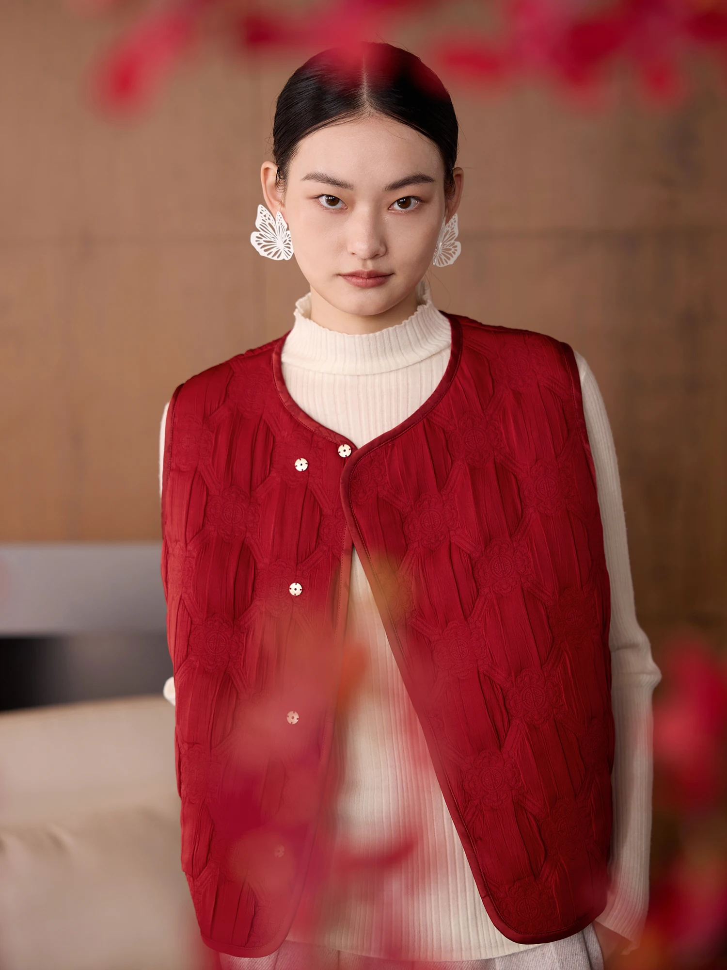 

Winter Thiened Embroidered Cotton Vest Women's New Chinese Sle Color Blo Hem Stitching Polyester Fiber round Ne Singl...