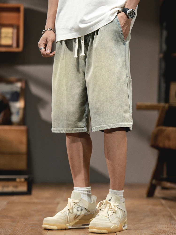 

Retro American Denim Shorts for Men Summer Washed Loose Elastic Waist Wide Leg Pants Trendy Brand Youth Popular Cotton Polyes...
