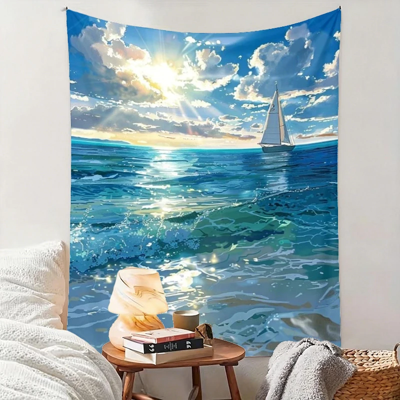 1PC Ocean Sailboat Sun Cloud Print Backdrop Banner, Bedroom Living Room Photo Background, Polyester, Home Decor, Wall Art