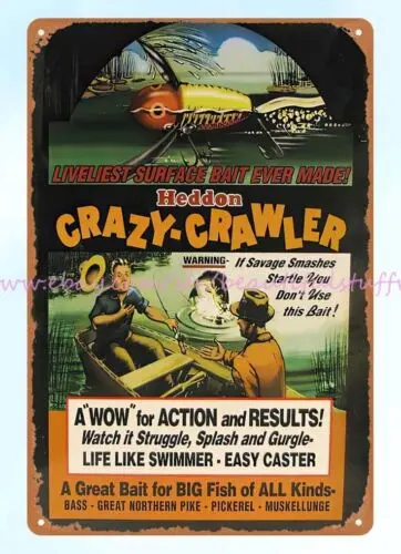 Heddon Crazy Crawler fishing lure bait metal tin sign wall art decor bedroom