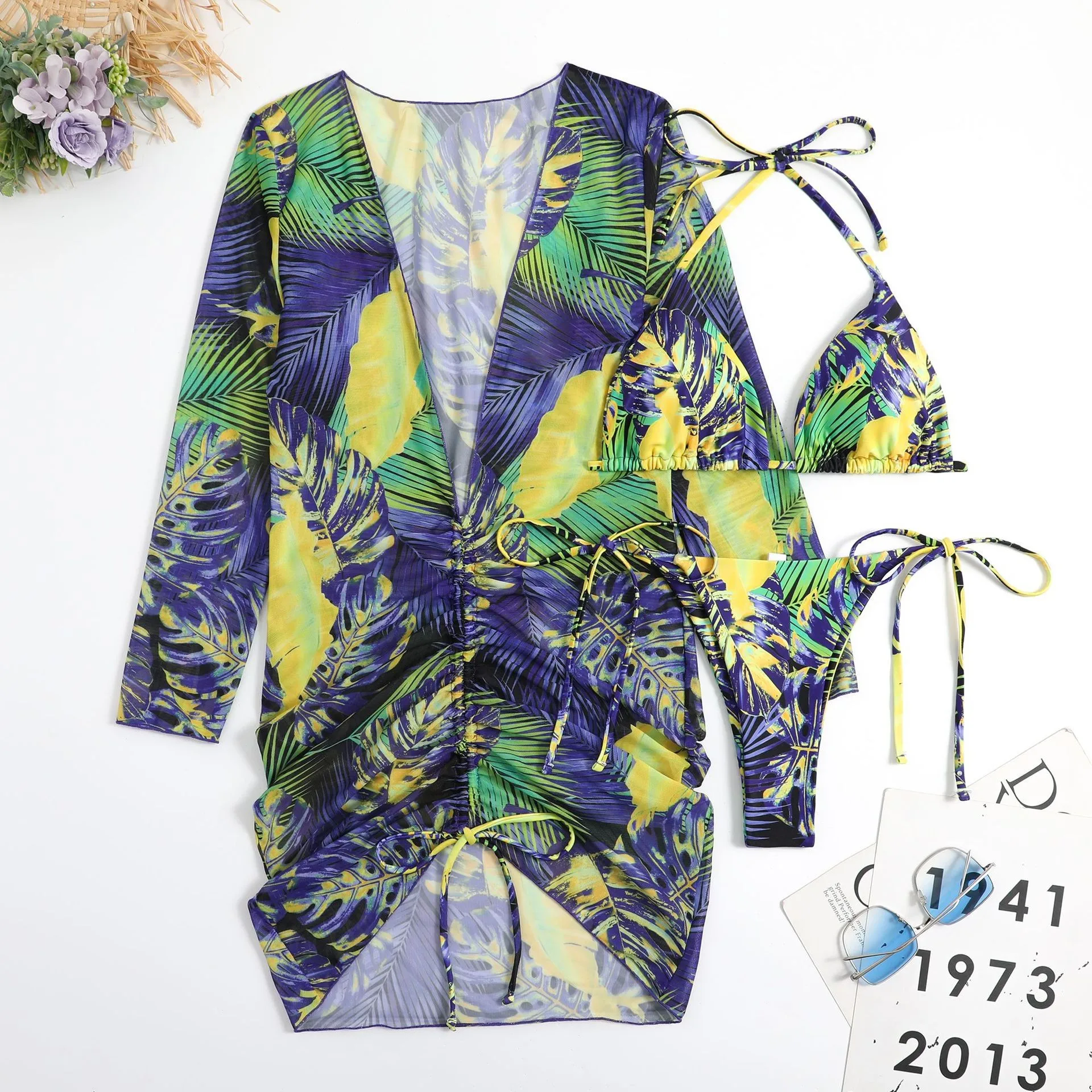

Swimwear 2026 Bikini Sets For Woman Women's Two-piece Swimsuit Tropical Leaf Print Ruched Front Tie Side Bottom Halter Triangle