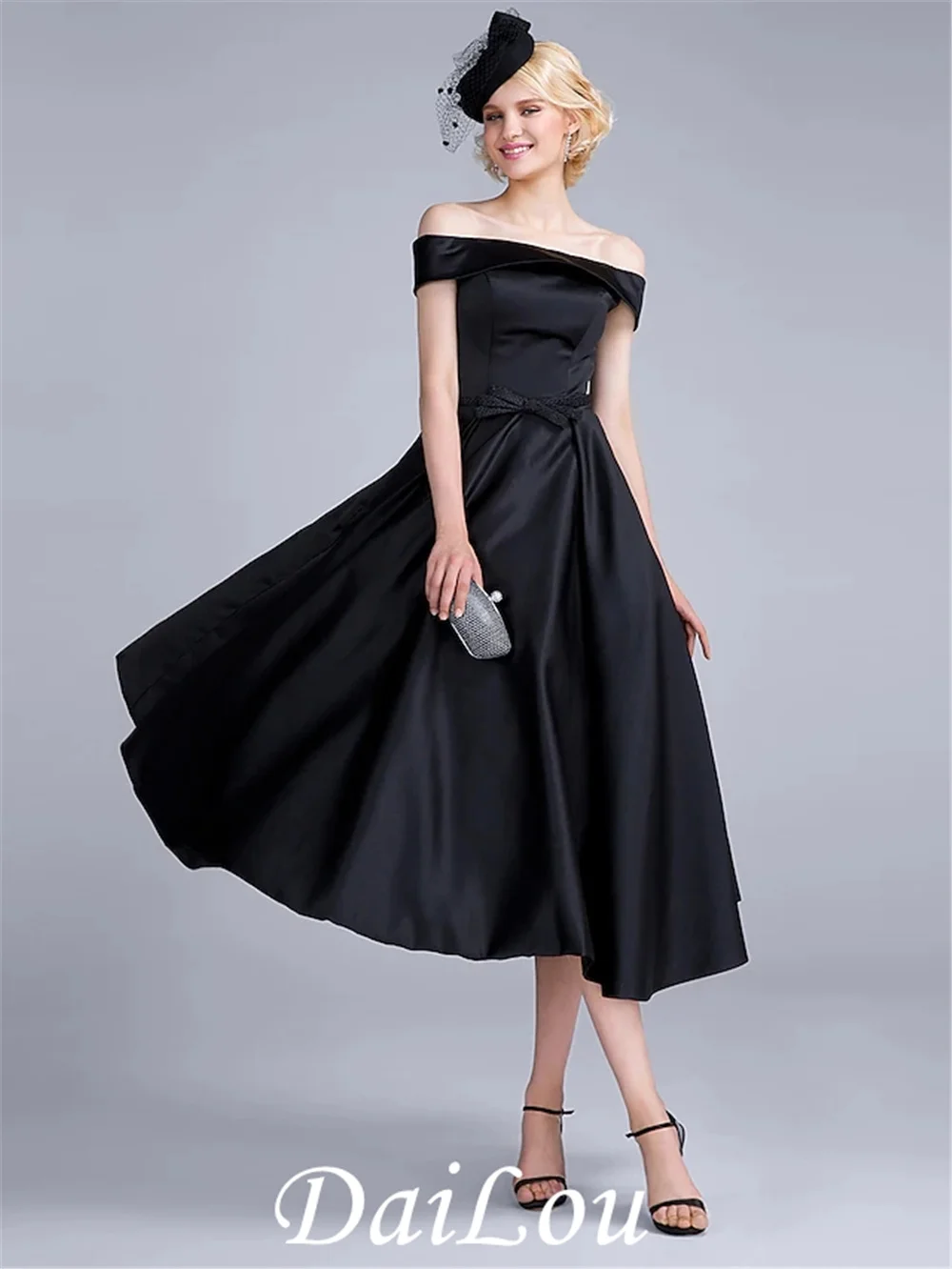 

A-Line Vintage Inspired Cocktail Party Prom Dress Off Shoulder Sleeveless Tea Length Satin Chiffon with Bow(s)