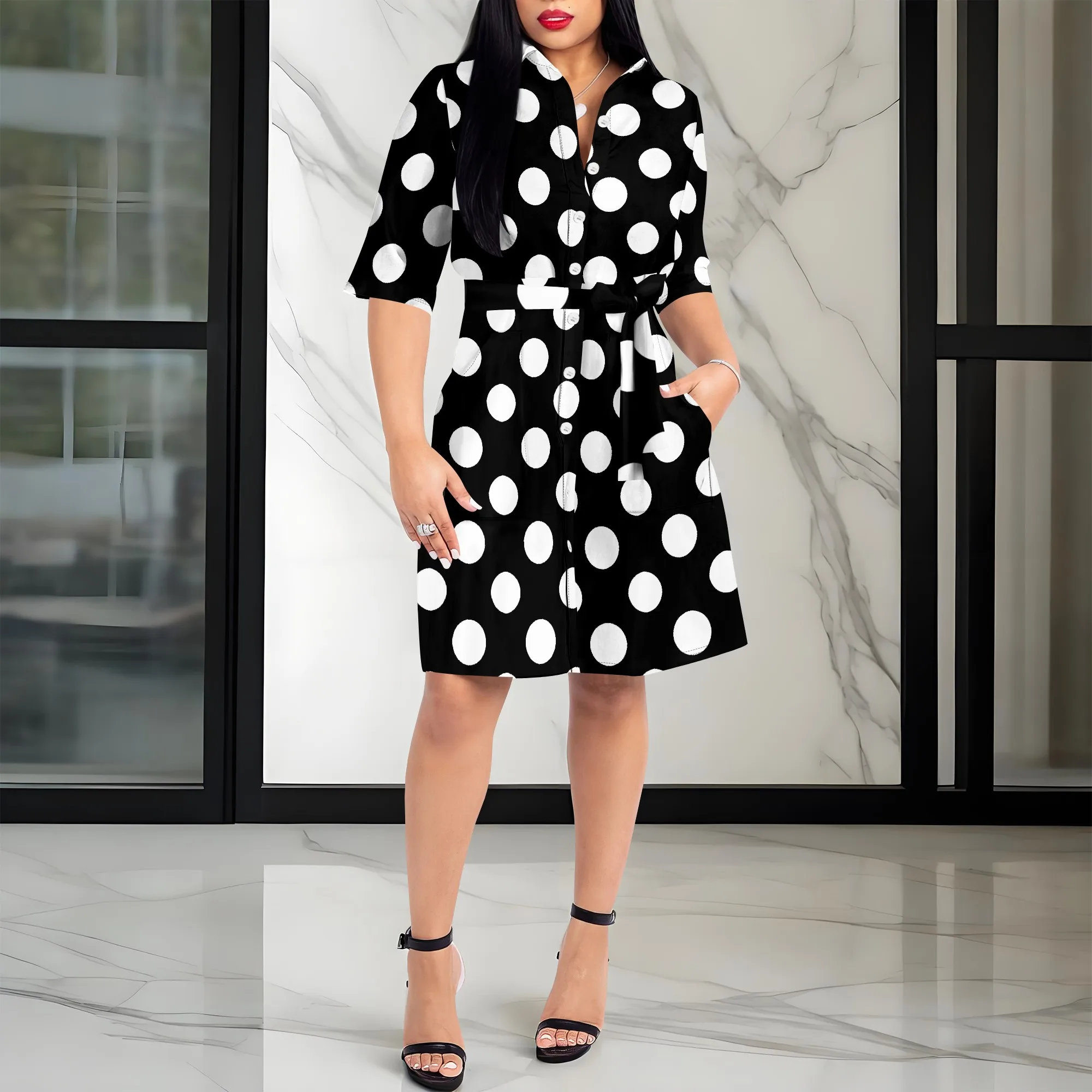 

Nupusa Polka Dot Print Dress for Women Standard Size Summer Casual Shirt Neck Half Sleeve Dress