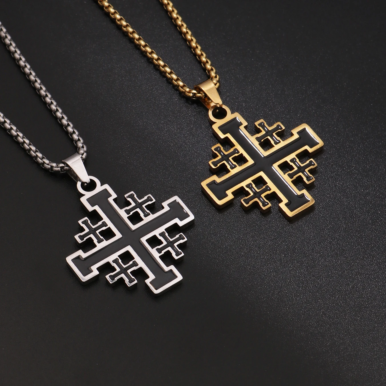 1PC INGX Vintage Man's Durable Stainless Steel Jerusalem Crusader Templar Cross Necklace for Men Spiritual Jewelry
