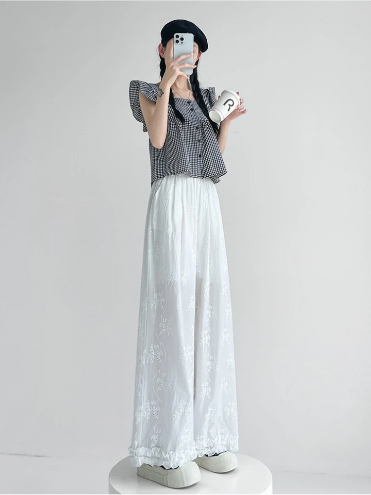 

Женские летние 2023, новые свободные повседневные тонкие стильные длинные брюки во французском стиле с кружевной вышивкой, вязаные крючком модные широкие брюки