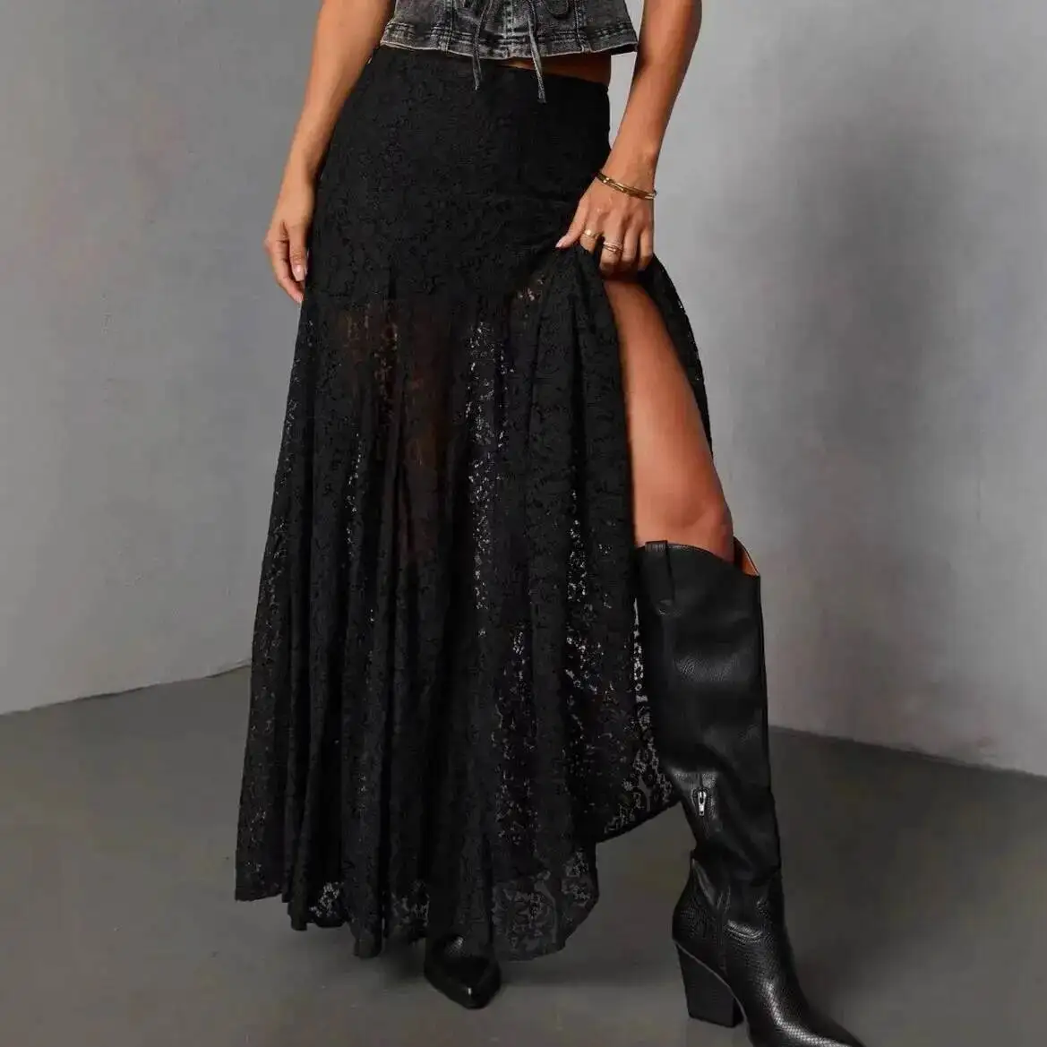 

Versatile Black Lace Sheer Sexy Ankle-length Skirt, Summer Fashion Mid-waist Skirt, New Style For Women