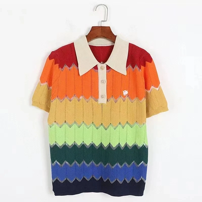 High Quality Women Home Suit Fashion Vintage Loose Colorful Striped Polo Collar Knit Top + Shorts Suits Two Pieces Set Sleepwear