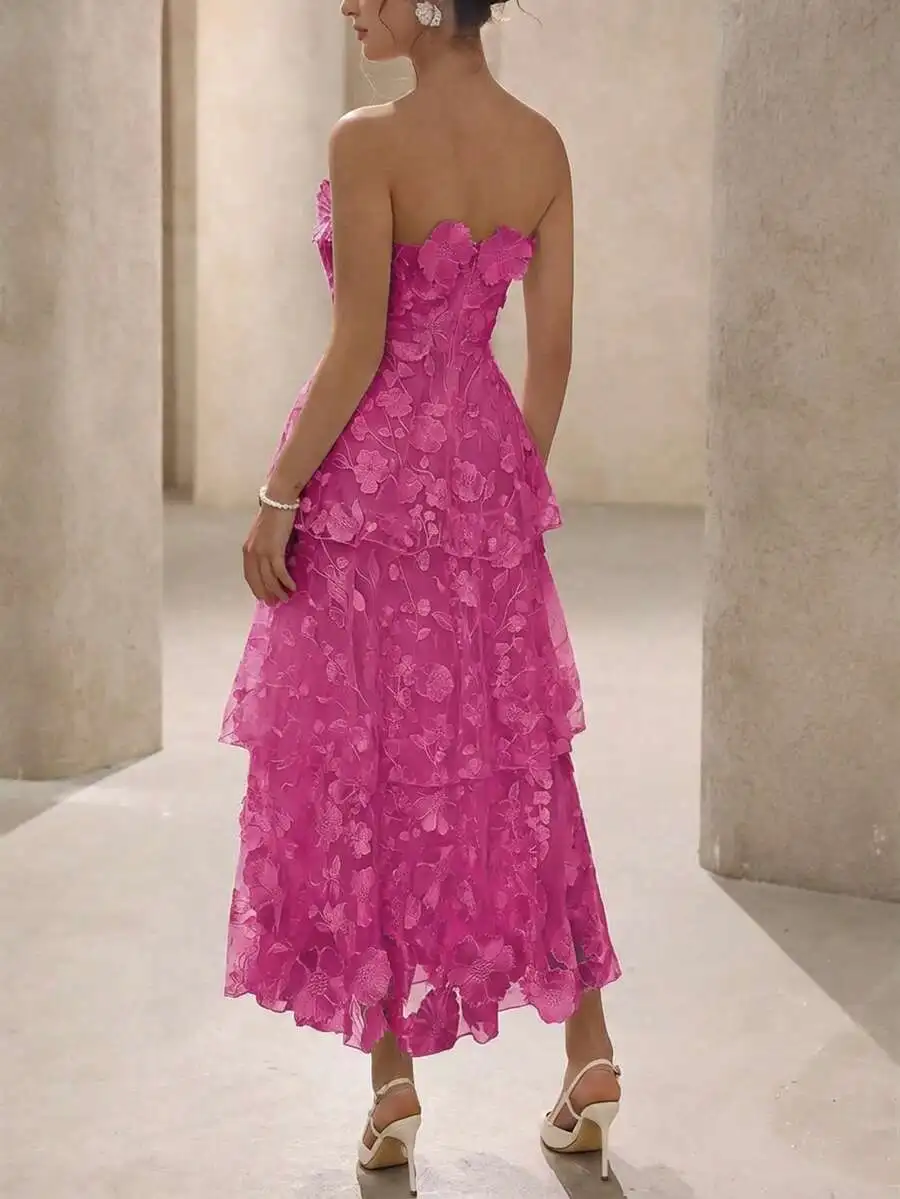 

Solid Color Floral Strapless Party Dress For Women Spring Summer