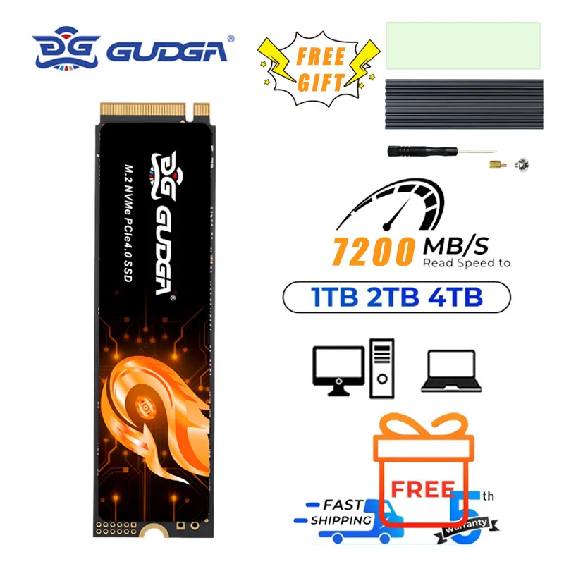 GUDGA PCIe4.0 M.2 NVMe SSD PS5 Gaming 7200MB/S Internal Solid State Drive M Key 2280 SSD for Content Creators 1TB/2TB/4TB