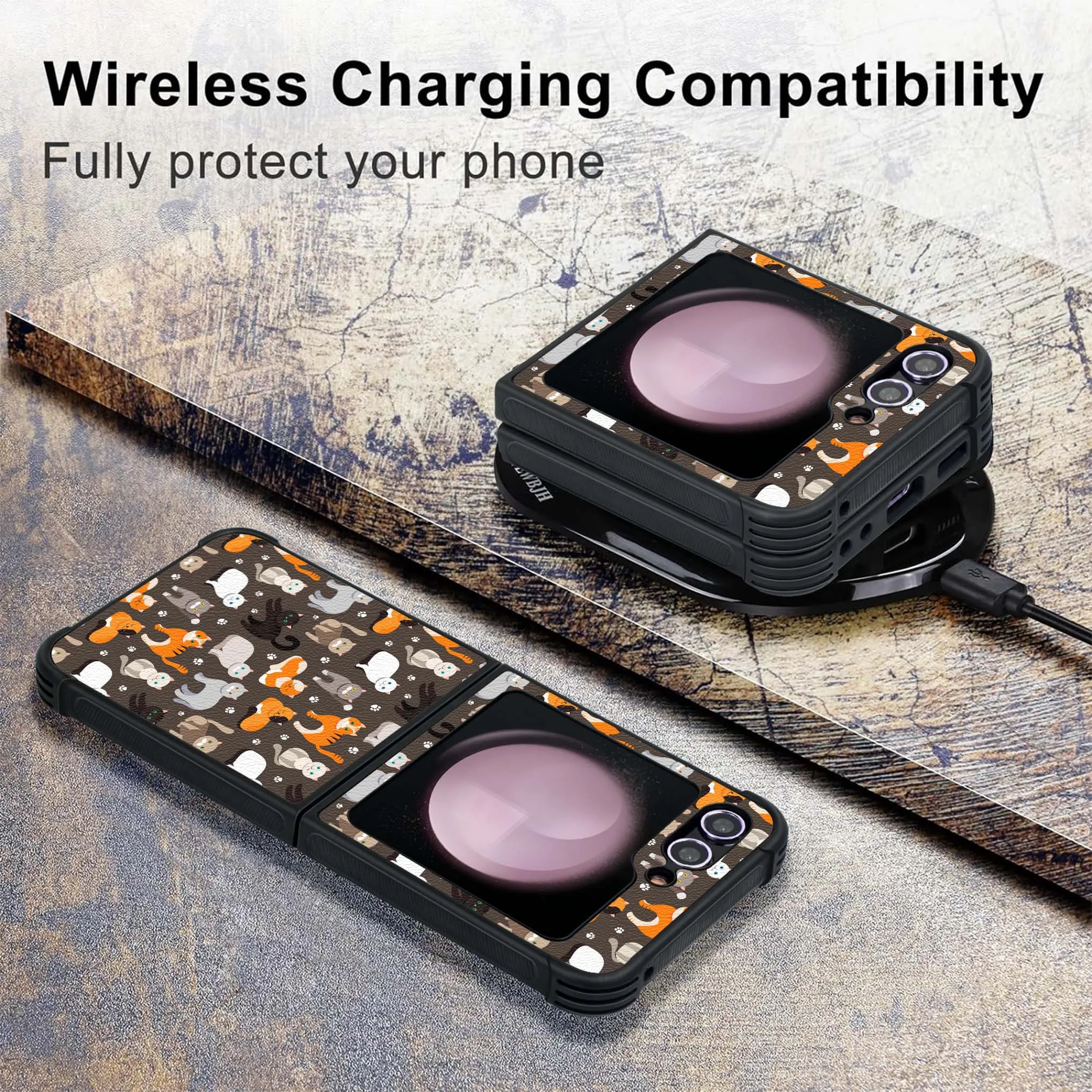 Patroon Pu Leer + Zachte Tpu Bumper Schokbestendige Beschermhoes Compatibel Met Galaxy Z Flip5 5G ,Adorbale Kat