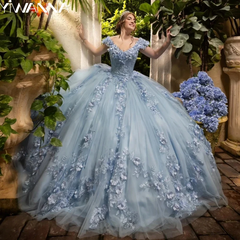 Vestido de fiesta de quinceañra con hombros descubiertos, traje largo de princesa con flores en 3D, apliques bonitos, azul cielo, 16