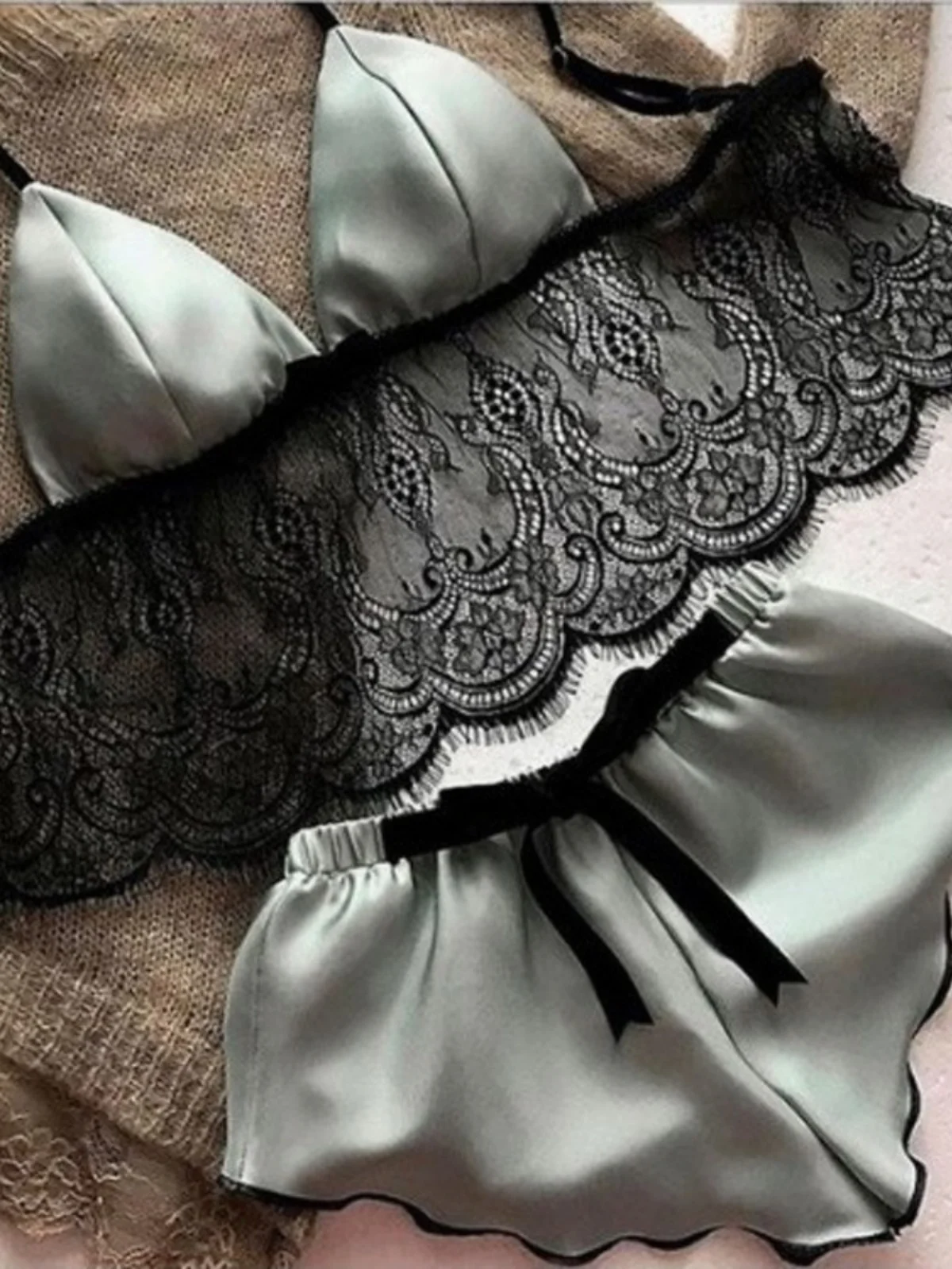 Silk Satin Women's Lingerie Bra Shorts Set Nightwear Sexy Pure Desire Style Three-quarter Sleeve round Neck  Color Sprin...