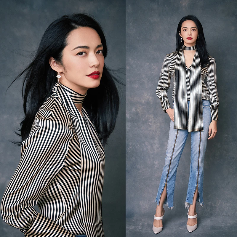 

Silky Satin Women's Shirt with Sash Knot Print Black White Stripes Versatile Loose Fit Long Sleeve Summer Top